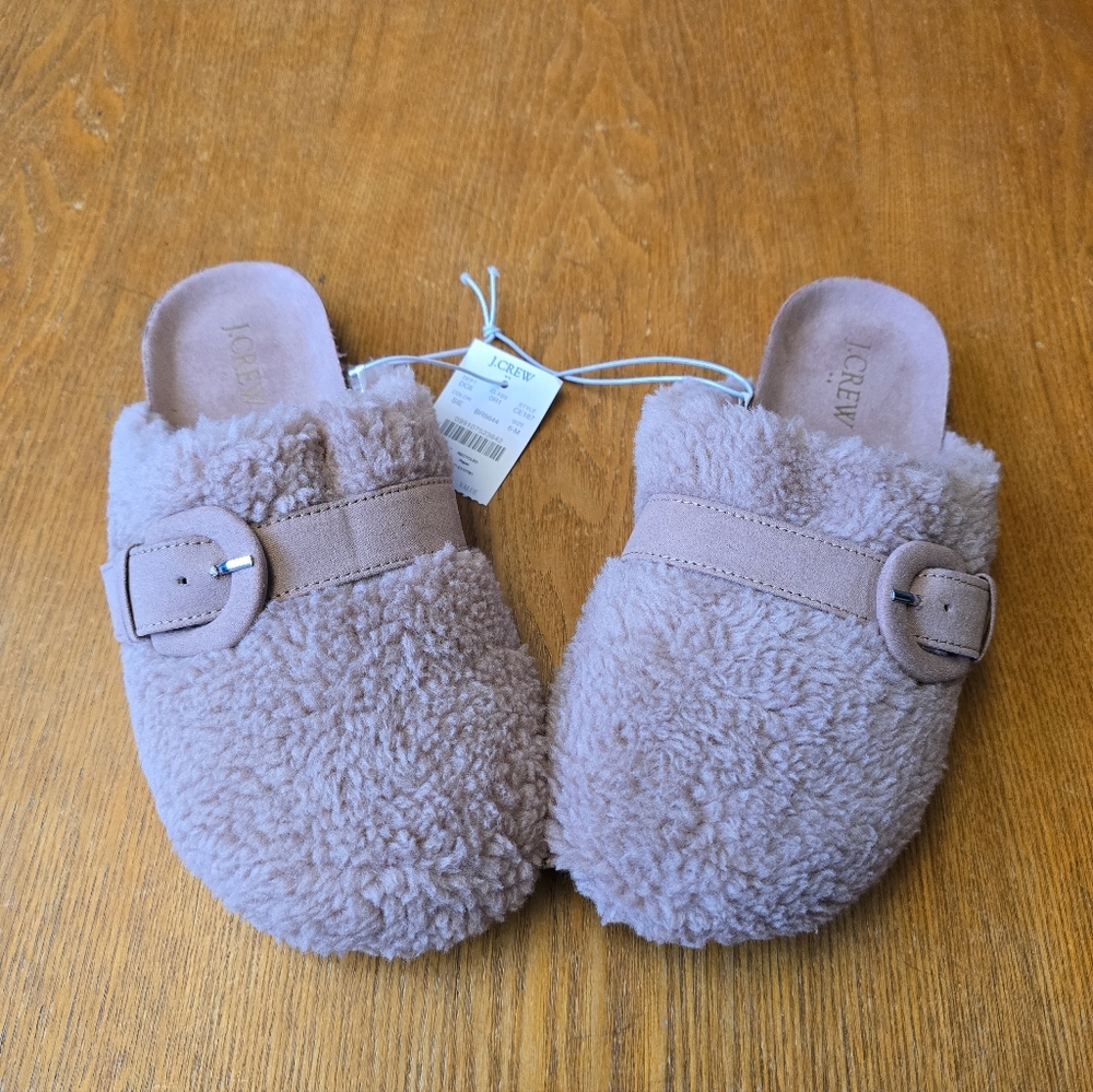 NWT J. Crew Fuzzy Buckle Clogs Tan Faux Shearling Fleece Women’s Size 6